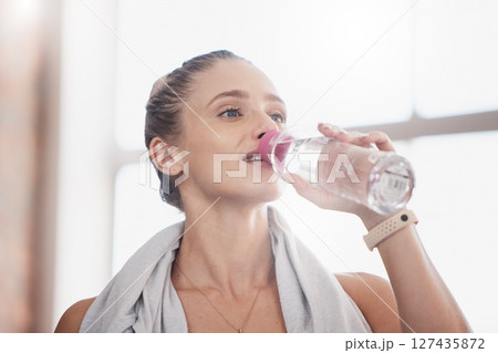 Water bottle, woman athlete and tired from indoor fitness workout, training exercise and thirsty or dehydrated after cardio. Body health wellness, h2o drink and sports woman for sport advert mockup 127435872