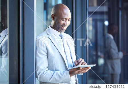 Happy, corporate black man or businessman with tablet communication or 5g social media network app at office building. Smile, tech or employee with mobile for networking, success deal or contact us Happy, corporate black man or businessman with tablet communication or 5g social media network app at office building. Smile, tech or employee with mobile for networking, success deal or contact us 127435931