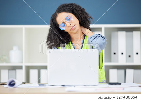 Stress, neck pain and black woman architect and engineer employee with office computer. Working, burnout and laptop work of engineering worker with technology frustrated about architecture company Stress, neck pain and black woman architect and engineer employee with office computer. Working, burnout and laptop work of engineering worker with technology frustrated about architecture company 127436064