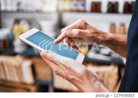Blank screen, mockup tablet screen and hands on digital technology writing an email. Networking, web and internet working of an employee doing marketing research typing small business owner data 127436083