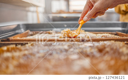 Hands, honey frame and harvest tool for uncapping beeswax at bee farm. Honey industry, farming worker and beekeeping person collecting organic, healthy or natural food product at manufacturing plant 127436121