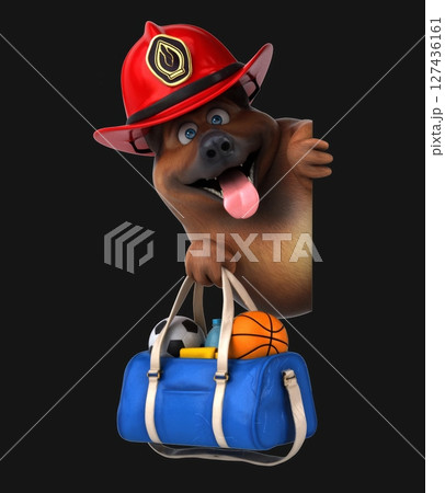 Fun 3D cartoon firefighter dog with a sports bag (on alpha) 127436161