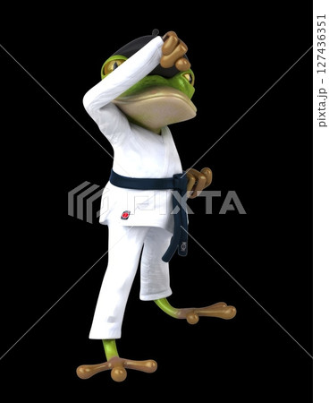 Fun 3D cartoon karateka frog doing a jodan age uke (with alpha channel) 127436351
