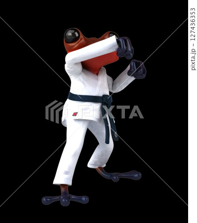 Fun 3D cartoon karateka frog doing a jodan age uke (with alpha channel) 127436353