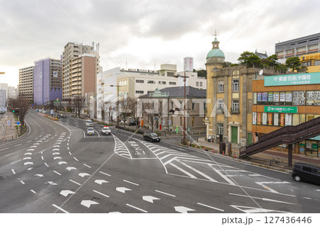 Shimonoseki, JAPAN - Dec 29,2022 : Street view of Shimonoseki in winter season, Japan on Dec 29,2022. Shimonoseki, JAPAN - Dec 29,2022 : Street view of Shimonoseki in winter season, Japan on Dec 29,2022. 127436446