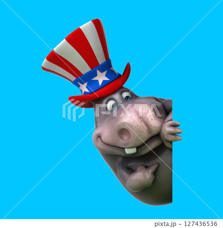 Fun 3D cartoon hippo with an uncle sam hat (with alpha channel) 127436536