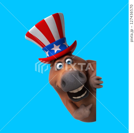 Fun 3D cartoon horse with an uncle sam hat (with alpha channel) 127436570
