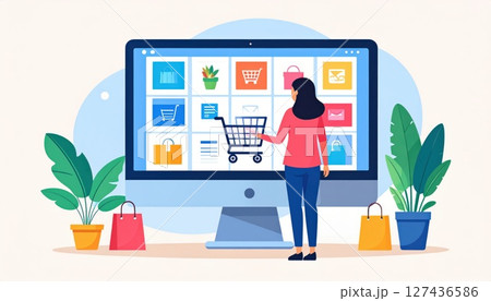 《AI画像》オンラインショッピングをする女性 《AI画像》オンラインショッピングをする女性 127436586