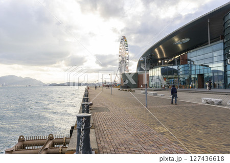 Shimonoseki, Japan - Dec 29,2022 : Modern building of Kaikyokan in Shimonoseki, Japan on Dec 29,2022. Shimonoseki, Japan - Dec 29,2022 : Modern building of Kaikyokan in Shimonoseki, Japan on Dec 29,2022. 127436618
