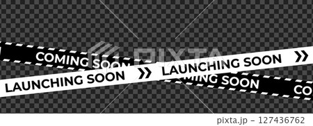 Launching Soon Coming Soon Banner Tape with chevron arrows and transparent BG for product release, web promo, marketing teaser, store campaign or retail announcement. Vector Illustration Launching Soon Coming Soon Banner Tape with chevron arrows and transparent BG for product release, web promo, marketing teaser, store campaign or retail announcement. Vector Illustration 127436762