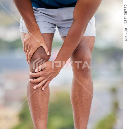 Man, legs and running injury in nature park for wellness exercise, medical accident or sports emergency. Black man, athlete and runner knee pain, joint pain or orthopedic arthritis pain in outdoors Man, legs and running injury in nature park for wellness exercise, medical accident or sports emergency. Black man, athlete and runner knee pain, joint pain or orthopedic arthritis pain in outdoors 127436779