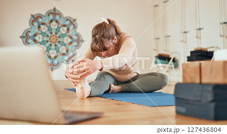 Senior, fitness and yoga workout with laptop webinar for health, wellness and stretching. Elderly, exercise and streaming yogi class subscription on the internet for a healthy lifestyle tutorial. Senior, fitness and yoga workout with laptop webinar for health, wellness and stretching. Elderly, exercise and streaming yogi class subscription on the internet for a healthy lifestyle tutorial. 127436804