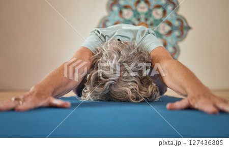 Senior woman, yoga stretching and floor in gym exercise, workout or fitness training routine. Elderly yogi, studio and balance for wellness, health or zen mindfulness for healthy spiritual mindset Senior woman, yoga stretching and floor in gym exercise, workout or fitness training routine. Elderly yogi, studio and balance for wellness, health or zen mindfulness for healthy spiritual mindset 127436805