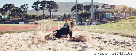 Athlete long jump, sand and sports man training for France olympic competition, workout challenge or fitness exercise. Winner mindset, commitment and athletics person working on leg power performance Athlete long jump, sand and sports man training for France olympic competition, workout challenge or fitness exercise. Winner mindset, commitment and athletics person working on leg power performance 127437168