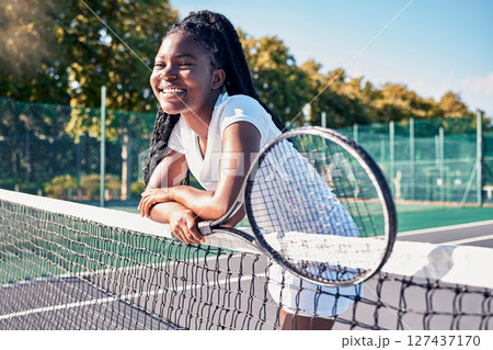 Sports, tennis and black woman with tennis racket on court ready for winning game, match and practice outdoors. Motivation, fitness and girl smiling on tennis court for training, exercise and workout 127437170