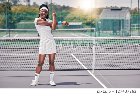 Stretching, tennis and sports woman with muscle wellness, body workout and training motivation, energy and happy portrait. Young black woman or african athlete in tennis court warm up for competition 127437262
