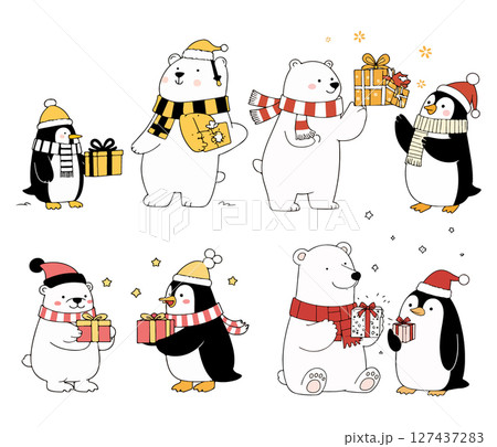 Cute Christmas Polar Bears and Penguins with Gifts Cute Christmas Polar Bears and Penguins with Gifts 127437283
