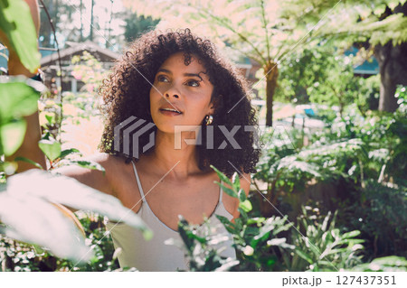 Nature, sustainability and women in garden with plants in backyard of home. Agriculture, sustainable gardening and black woman with green fingers checking nursery plant at eco friendly small business Nature, sustainability and women in garden with plants in backyard of home. Agriculture, sustainable gardening and black woman with green fingers checking nursery plant at eco friendly small business 127437351