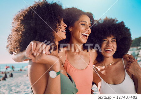 Beach hug, black woman and friends with afro hair happy on friendship reunion holiday for summer vacation bonding . Freedom peace, blue sky and fun for African people on adventure journey in Nigeria 127437402