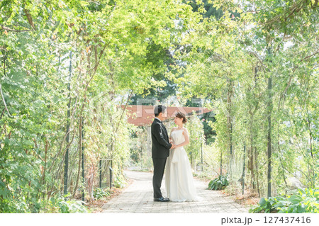 公園の並木道を手を繋いで歩くドレス姿のカップル(ウェディング・ウェディングフォト・新郎新婦) 公園の並木道を手を繋いで歩くドレス姿のカップル(ウェディング・ウェディングフォト・新郎新婦) 127437416
