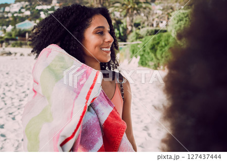 Beach, friends and black woman with towel in summer enjoying holiday, vacation and weekend by seaside. Travel, nature and happy girl ready for sun tan, swimming and relax on adventure by the ocean Beach, friends and black woman with towel in summer enjoying holiday, vacation and weekend by seaside. Travel, nature and happy girl ready for sun tan, swimming and relax on adventure by the ocean 127437444