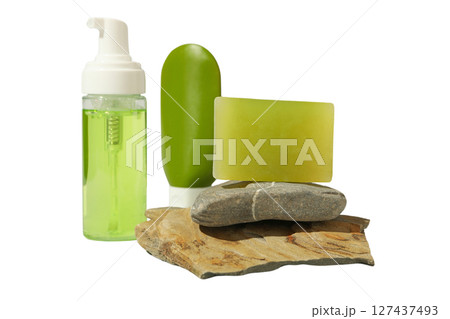 Skincare items: cleanser, lotion, soap, isolated on white Skincare items: cleanser, lotion, soap, isolated on white 127437493