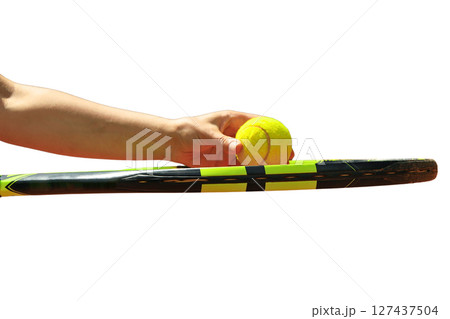 Person holds a yellow tennis ball, isolated on white Person holds a yellow tennis ball, isolated on white 127437504