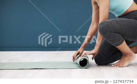 Yoga, mat and woman in fitness studio mockup for wellness marketing, advertising and brand with legs zoom. blue walll background, pilates and cardio sports with copy space, floor and exercise girl 127437734