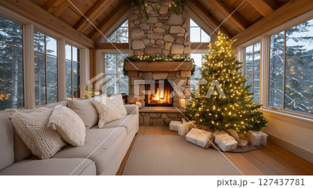 Cozy Christmas living room with fireplace and decorated tree Cozy Christmas living room with fireplace and decorated tree 127437781