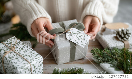 Hands holding wrapped Christmas gift with natural holiday decorations Hands holding wrapped Christmas gift with natural holiday decorations 127437782