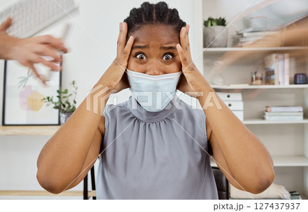 Covid, stress and business black woman with time management, information update and office workplace risk report in hands. Anxiety, burnout and headache human resources manager in covid 19 face mask Covid, stress and business black woman with time management, information update and office workplace risk report in hands. Anxiety, burnout and headache human resources manager in covid 19 face mask 127437937