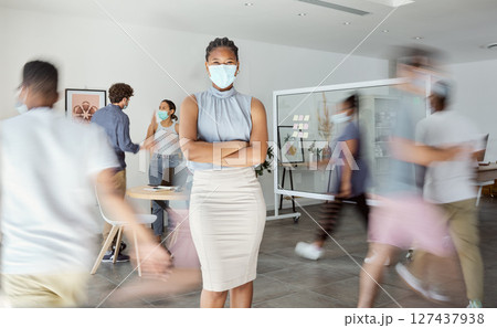 Covid, busy office and business woman in portrait for policy, compliance and risk management with startup productivity. Health, safety staff and Human Resources black woman in corona virus face mask 127437938