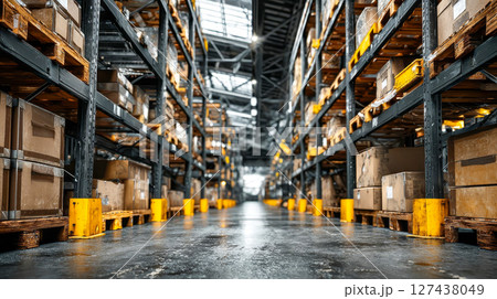 Spacious modern warehouse interior, high metal shelves filled with boxes, polished concrete floor, storage room 127438049