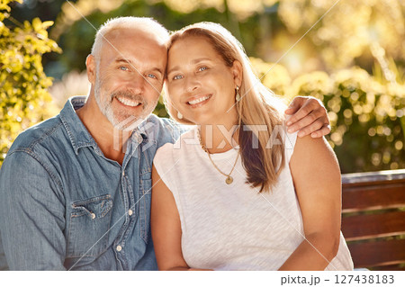 Senior couple, portrait and park, retirement and love, care and quality time together in happy marriage, relationship or summer garden, park and outdoors. Happy mature couple, man and woman in nature 127438183