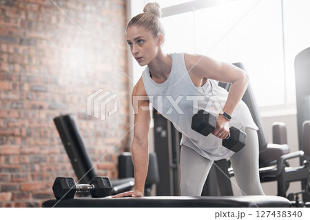 Fitness, dumbbell and woman weightlifting in gym, exercise and muscle building with body training and bodybuilding. Strong, weights and workout for health and wellness, active lifestyle and endurance Fitness, dumbbell and woman weightlifting in gym, exercise and muscle building with body training and bodybuilding. Strong, weights and workout for health and wellness, active lifestyle and endurance 127438340