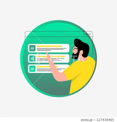 Intent-based advertising concept with user clicking on contextual ads in search engine environment. Targeting high-converting queries and advertising behavioral signals vector illustration 127438465