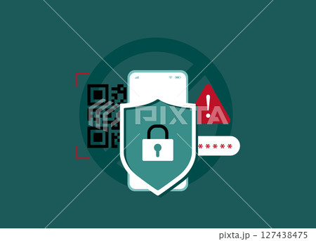 QR Code Phishing Attack Prevention on Mobile Devices. Mobile security alert with qr code, lock shield, password warning symbol. Preventing phishing attacks through fake qr codes vector illustration 127438475