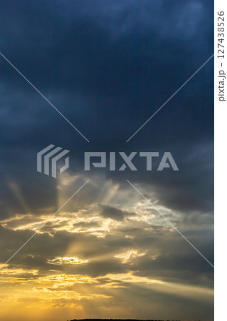 Horizon panorama and dramatic twilight sky and cloud sunset background. Natural sky background texture, beautiful color. Dark clouds, big storm and rain. Weather and nature concept 127438526