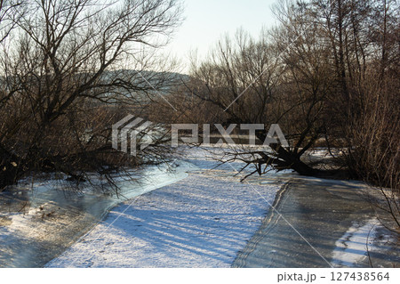 Winter landscape with trees and snow-covered riverbank during midday sunlight near a distant hill 127438564
