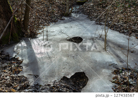 Frozen stream with holes and leaves in winter landscape showcasing nature's transition from ice to thaw 127438567