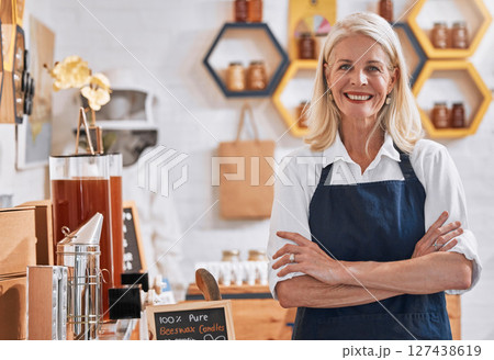 Portrait, senior woman and small business leader proud of honey shop, organic product and recycle initiative in local store. Market, success and lady in sustainable business vision, startup and goal 127438619