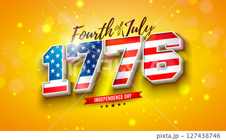 Fourth of July Independence Day of the USA Banner Illustration with American Flag in 3d 1776 Typography Lettering on Shiny Yellow Background. Vector 4th of July National Celebration Design for Flyer 127438746