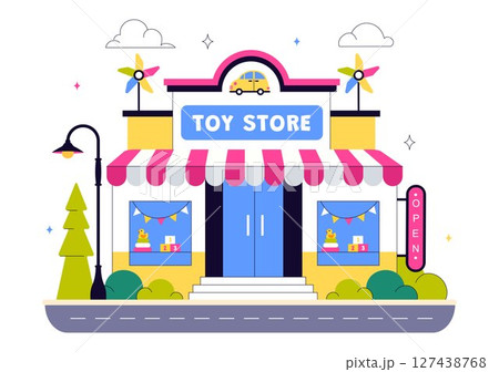 Toy Store Vector Illustration Featuring Different Types of Toys Such as Cars, Teddy Bears, Kites, Rockets, Trains, and More for Happy Children Toy Store Vector Illustration Featuring Different Types of Toys Such as Cars, Teddy Bears, Kites, Rockets, Trains, and More for Happy Children 127438768