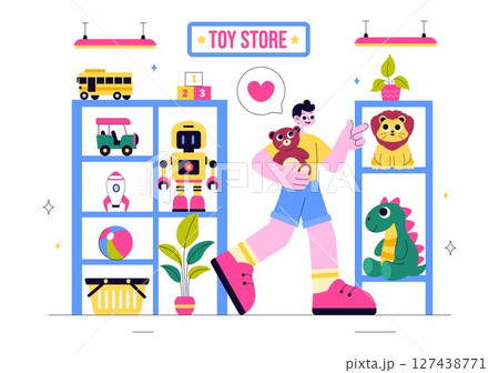 Toy Store Vector Illustration Featuring Different Types of Toys Such as Cars, Teddy Bears, Kites, Rockets, Trains, and More for Happy Children Toy Store Vector Illustration Featuring Different Types of Toys Such as Cars, Teddy Bears, Kites, Rockets, Trains, and More for Happy Children 127438771
