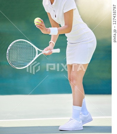 Tennis player woman, racket and serve tennis ball in competition, summer games and outdoor training. Girl, tennis court and professional sports athlete, bat and contest, power and performance action Tennis player woman, racket and serve tennis ball in competition, summer games and outdoor training. Girl, tennis court and professional sports athlete, bat and contest, power and performance action 127438797