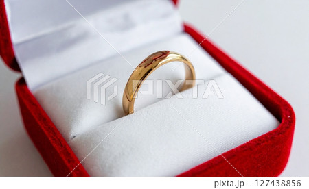 Golden ring placed on a satin miniature pillow in a red soft open box Golden ring placed on a satin miniature pillow in a red soft open box 127438856