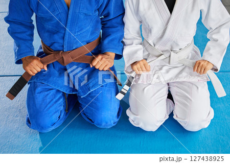 Karate, hands and belt with a sensei and student kneeling on a floor mat in a dojo or gym for fight class. Team, fitness and learning with a coach and fighter training in a health club together Karate, hands and belt with a sensei and student kneeling on a floor mat in a dojo or gym for fight class. Team, fitness and learning with a coach and fighter training in a health club together 127438925