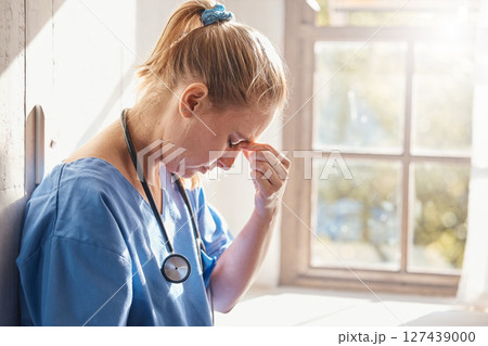Headache, stress and burnout of woman doctor, sad worker and medical employee. Frustrated, depression and tired nurse in hospital, mental health challenge and anxiety, pain and emotion of bad news Headache, stress and burnout of woman doctor, sad worker and medical employee. Frustrated, depression and tired nurse in hospital, mental health challenge and anxiety, pain and emotion of bad news 127439000