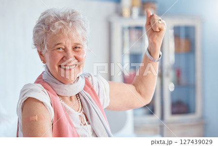 Covid, vaccine and bandaid with portrait of old woman for healthcare, medical and wellness. First aid, insurance and safety with senior patient and plaster for virus, protection and medicine Covid, vaccine and bandaid with portrait of old woman for healthcare, medical and wellness. First aid, insurance and safety with senior patient and plaster for virus, protection and medicine 127439029