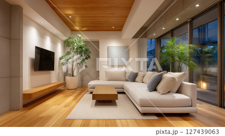 温かみある木を基調としたモダンなリビングルームのインテリア｜日本の住宅 127439063